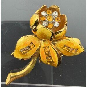 Coro Yellow Camellia Fur Clip Quivering Rhinestones Pat D117802 1939